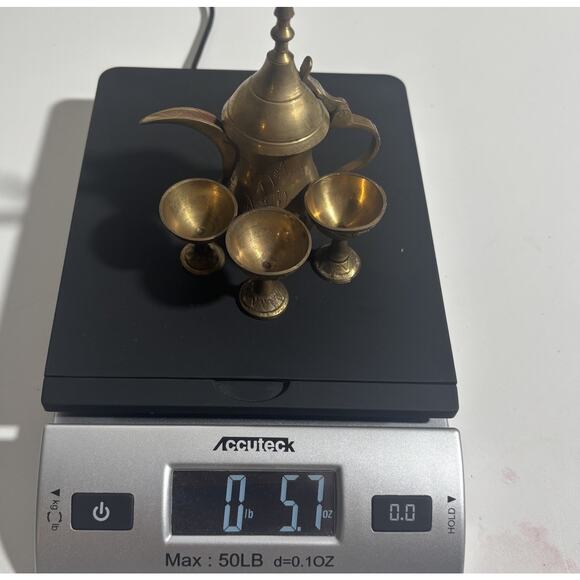 VTG Brass Indian Coffee Pot 9" w/ 3 Goblets | Miniature Dallah Decor Etched Set - Picture 16 of 16